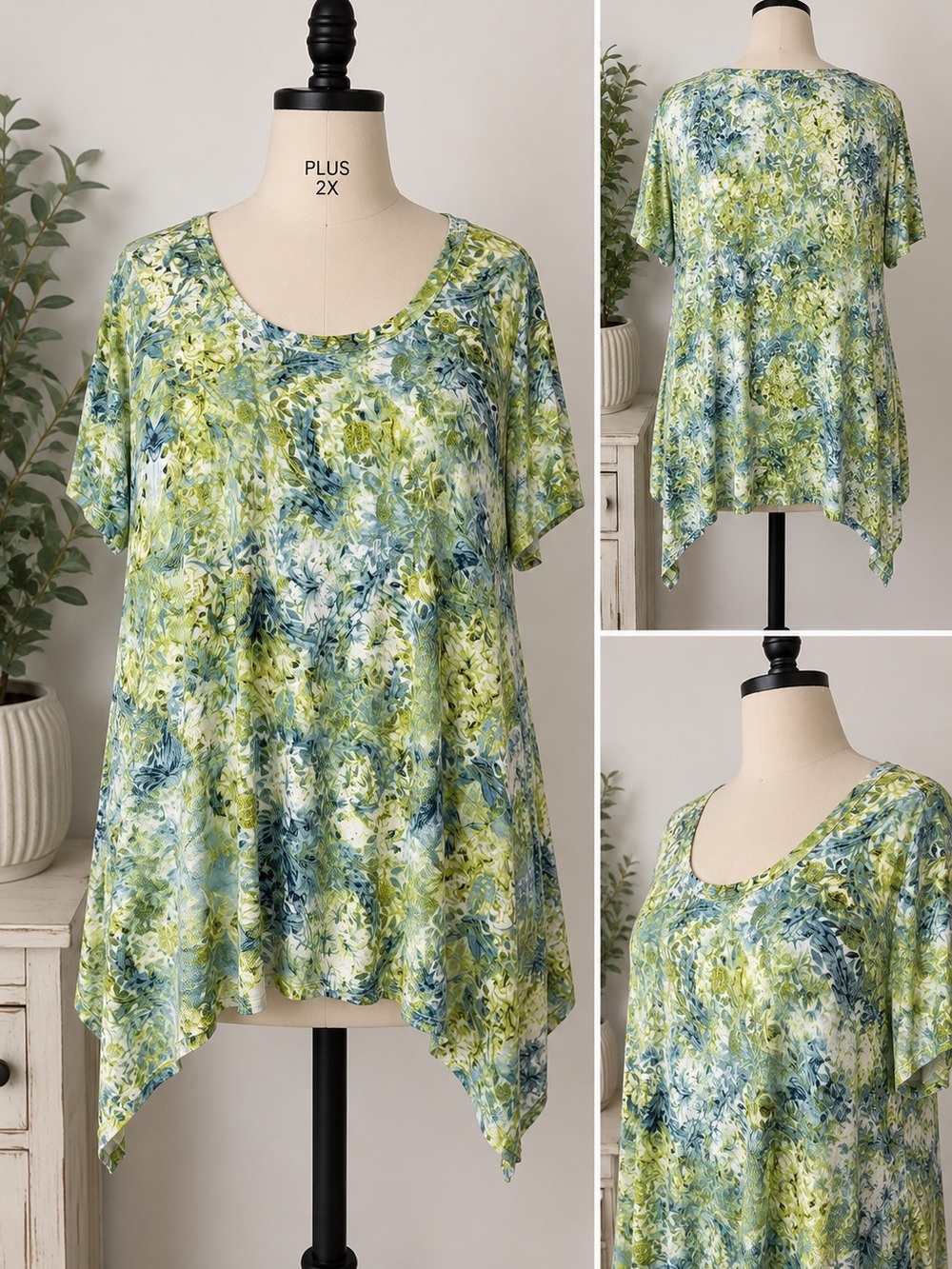 Premise Studio Women’s 2X Green Blue Floral Handkerchief Hem Tunic Top Plus Size